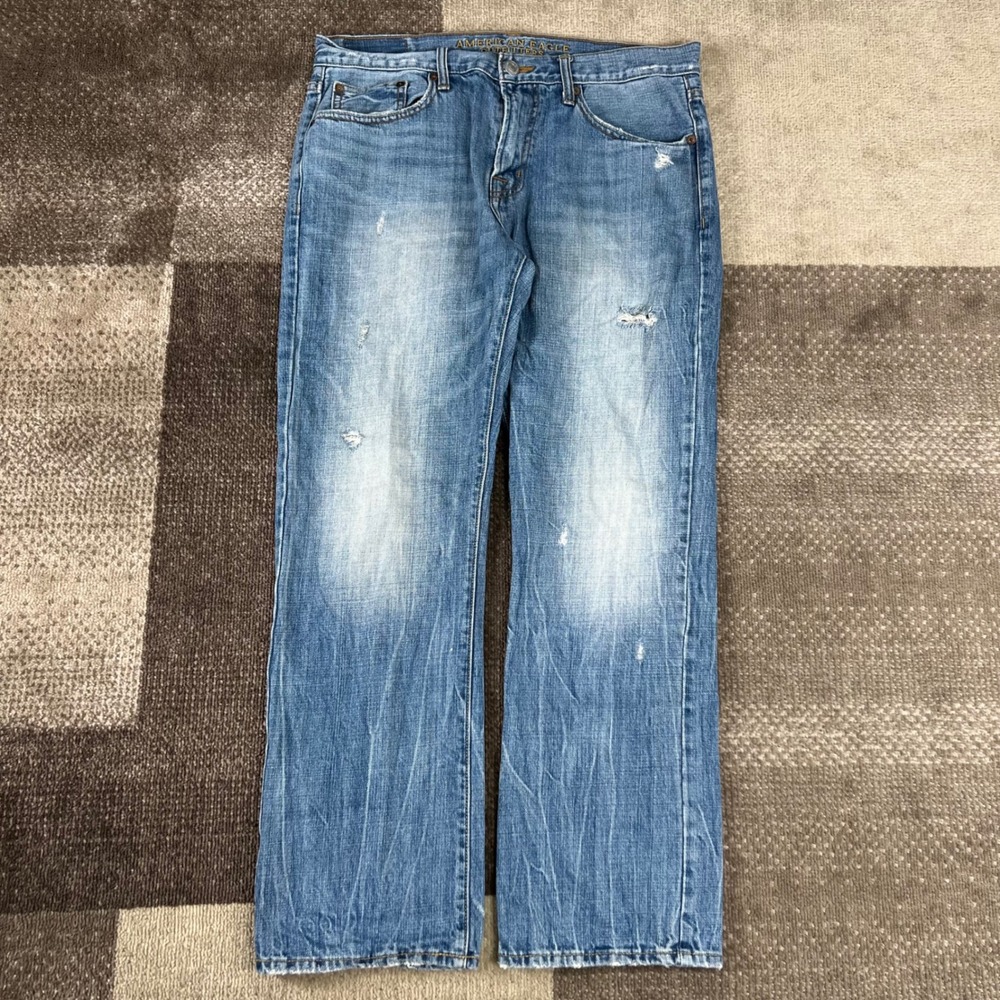 American‎ Eagle Original Straight Mens Blue Distressed Jeans 32x30 Whiskering